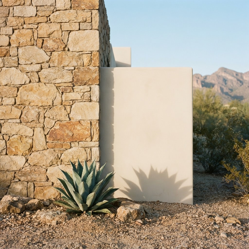 Detail of a desert-modern home exterior with natural stone and a sculptural agave