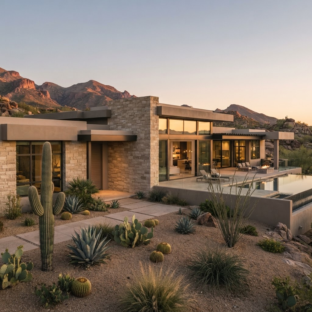 A modern Arizona desert home with natural stone and warm sunset light